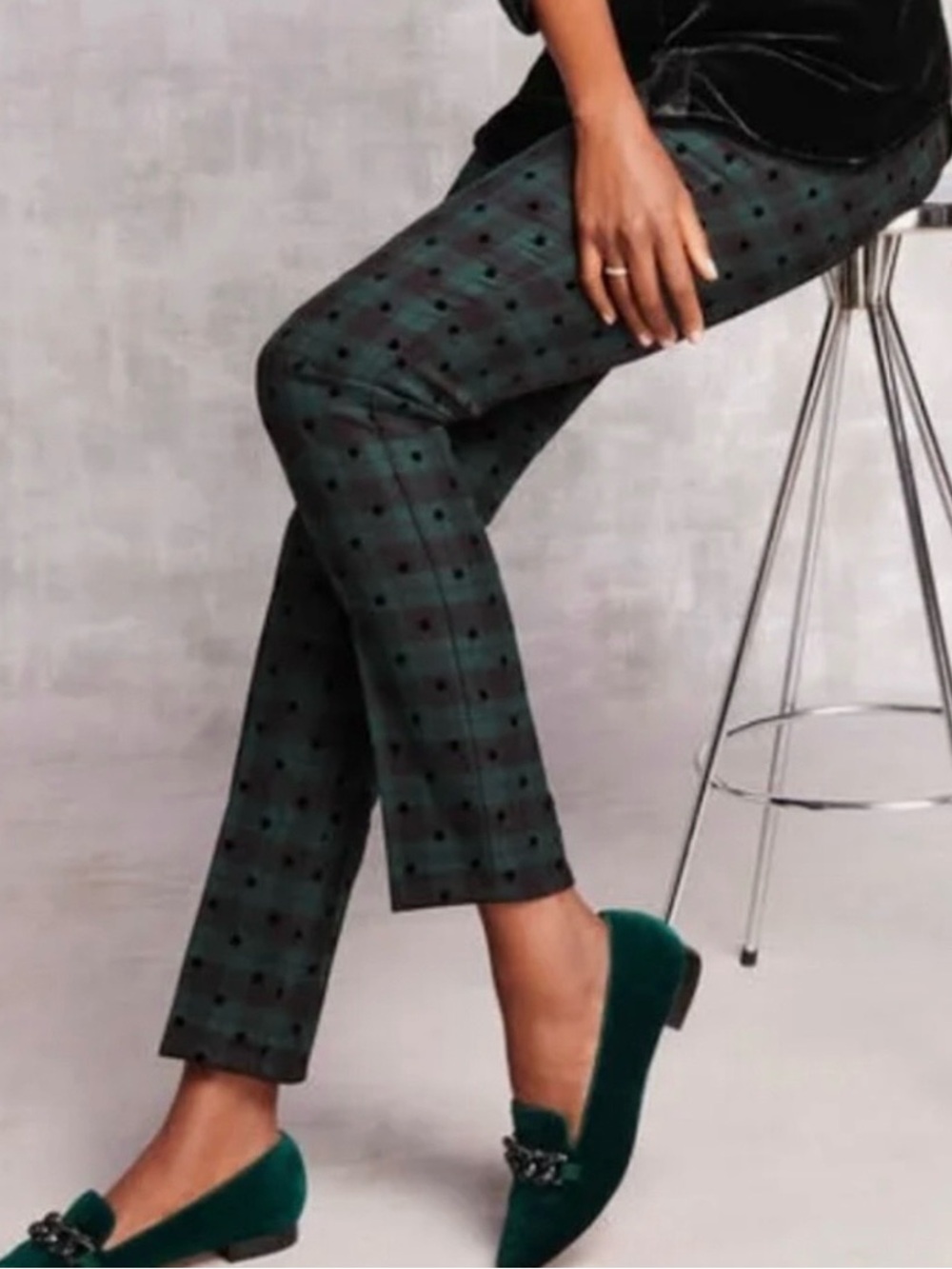 Talbots Black & Green Tartan Plaid Velvet Polka Dots Slim Ankle Pants